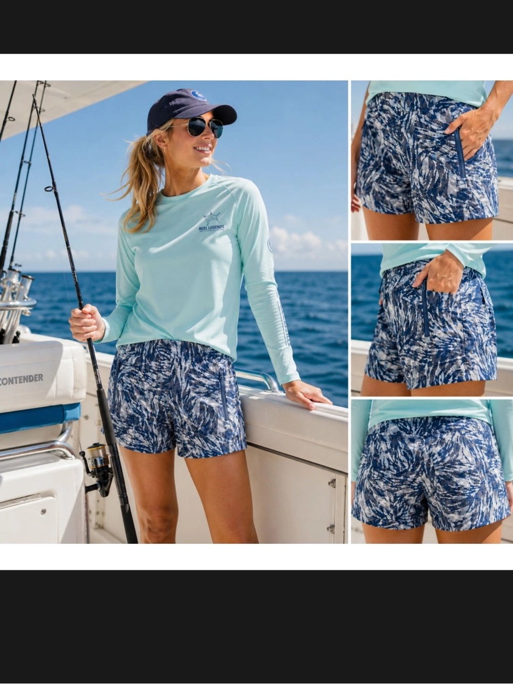 Reel Legends Performance Outfitters Blue Zip Pocket Activewear Shorts Women L